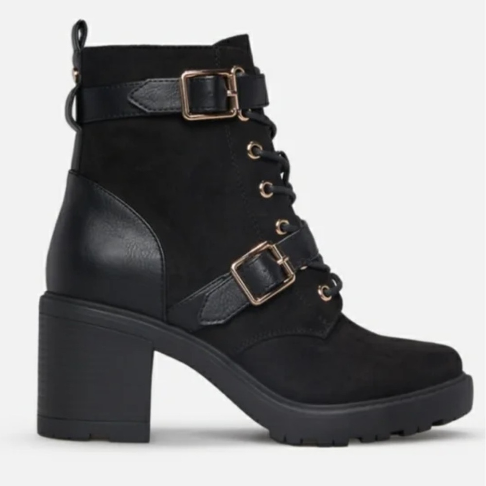 Women's Black Lug Heel Ankle Boots with Buckle Detail